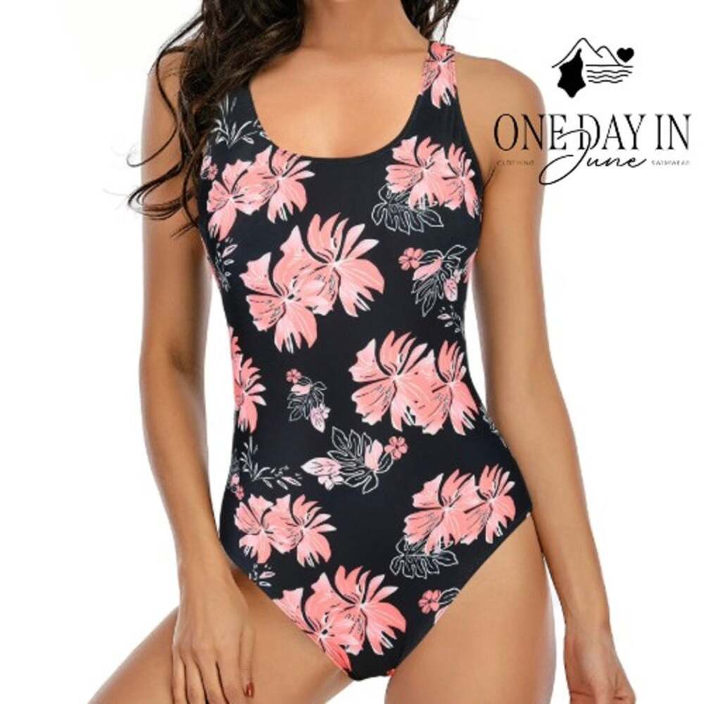 Zando Cross Back One Piece Swimsuit Black Pink Floral Size 2XL